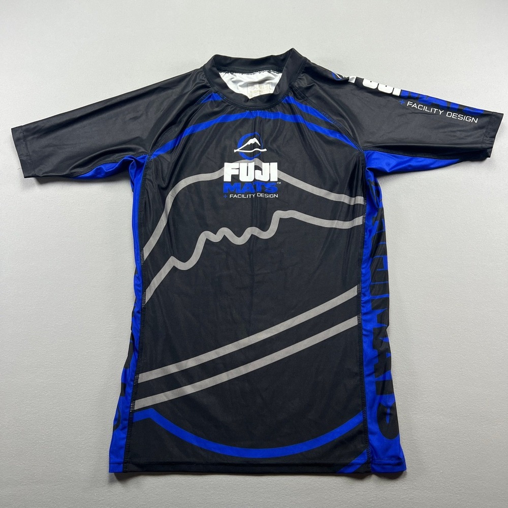 Fuji Sports Rashguard Men Medium Black Blue Facility Design Stretch Short Sleeve